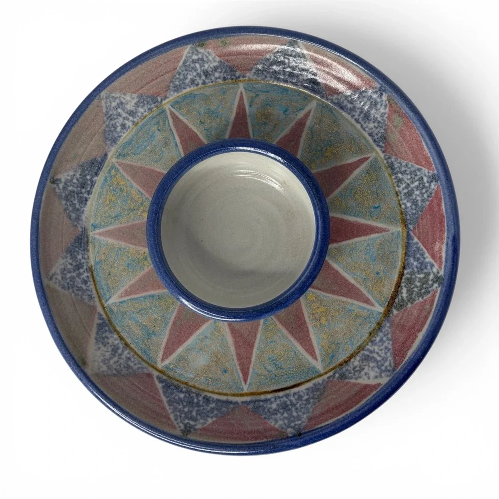 Signed Handcrafted Art Pottery Chip & Dip Platter Tray Southwestern Geometric